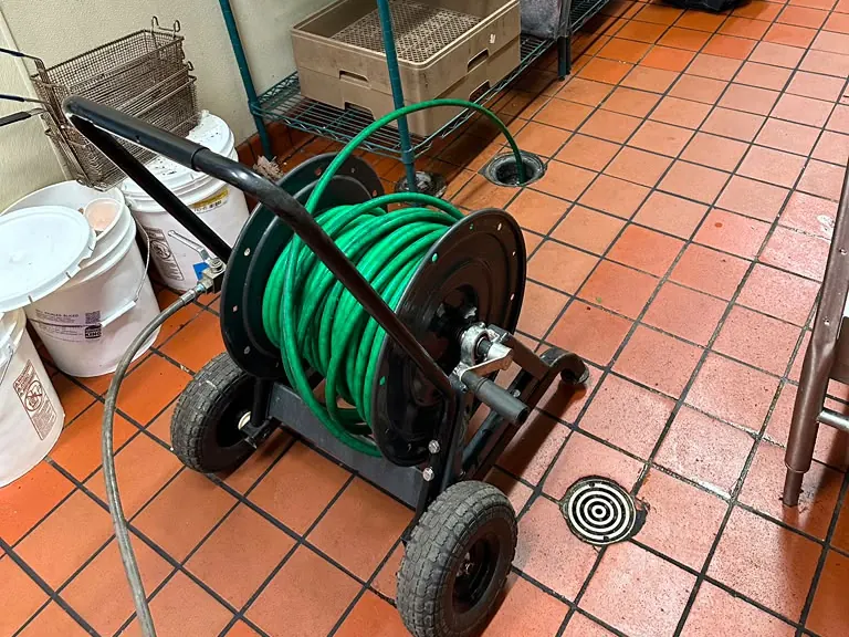 Hydro jetter set up to clean grease-clogged commercial kitchen floor drain lines — hydro jetting in Allamuchy, NJ