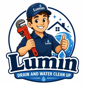 Lumin Drain NJ logo — cartoon plumber with pipe wrench