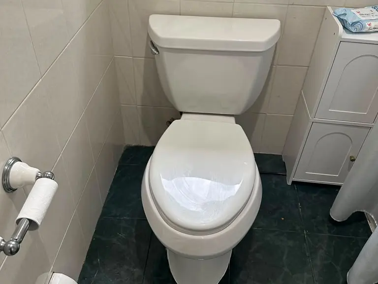 New toilet set on a rebuilt flange in the same bathroom after repair — toilet installation in Northern New Jersey