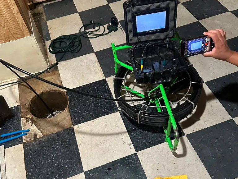 Sewer camera reel and monitor set up at a floor cleanout during a video pipe inspection — 24/7 emergency drain service in Brigantine, NJ