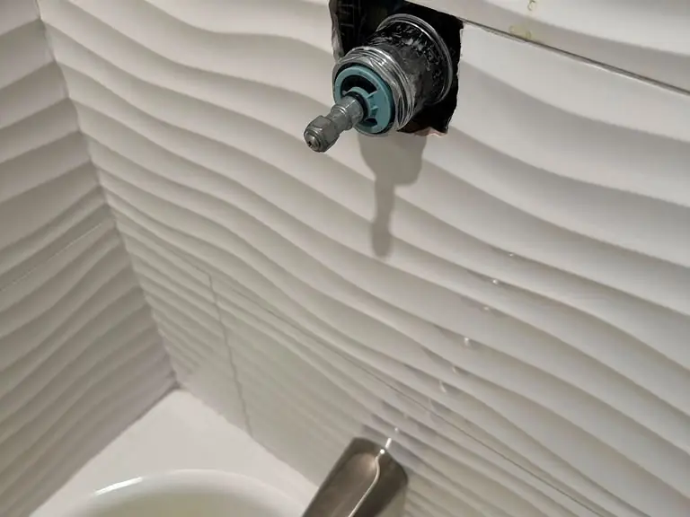 Shower valve cartridge removed through the tile to repair a leaking tub and shower valve — leak detection and repair in Pine Hill, NJ